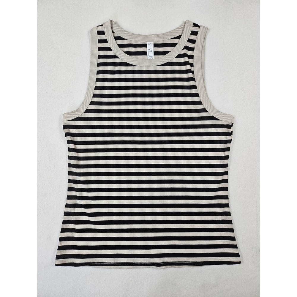 Stylus Womens Medium Ribbed Striped Tank Top‎ Black Beige Crew Neck Sleeveless